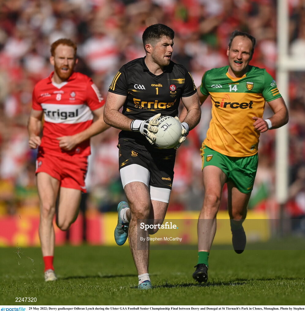 29 May 2022; Derry goalkeeper Odhran Lynch during the Ulster GAA Football Senior Championship Final between Derry and Donegal at St Tiernach's Park in Clones, Monaghan. Photo by Stephen McCarthy/Sportsfile