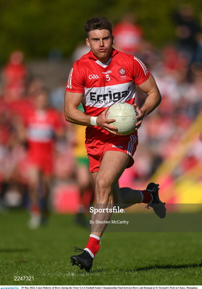 29 May 2022; Conor Doherty of Derry during the Ulster GAA Football Senior Championship Final between Derry and Donegal at St Tiernach's Park in Clones, Monaghan. Photo by Stephen McCarthy/Sportsfile