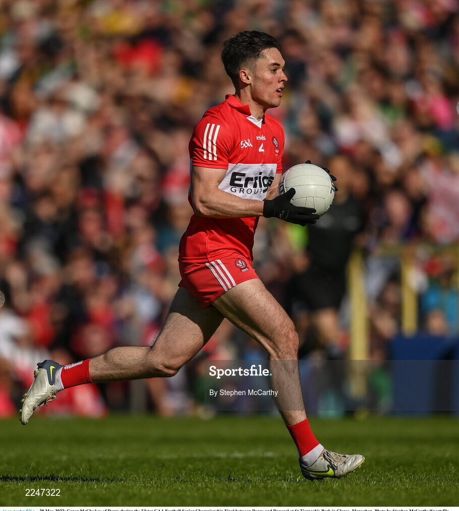 29 May 2022; Conor McCluskey of Derry during the Ulster GAA Football Senior Championship Final between Derry and Donegal at St Tiernach's Park in Clones, Monaghan. Photo by Stephen McCarthy/Sportsfile