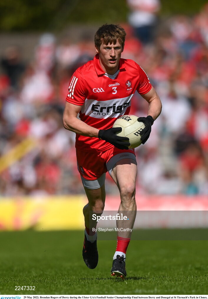 29 May 2022; Brendan Rogers of Derry during the Ulster GAA Football Senior Championship Final between Derry and Donegal at St Tiernach's Park in Clones, Monaghan. Photo by Stephen McCarthy/Sportsfile