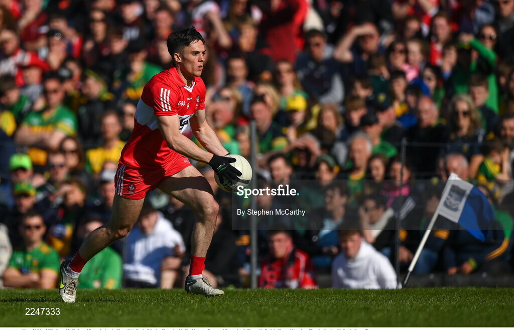 29 May 2022; Conor McCluskey of Derry during the Ulster GAA Football Senior Championship Final between Derry and Donegal at St Tiernach's Park in Clones, Monaghan. Photo by Stephen McCarthy/Sportsfile