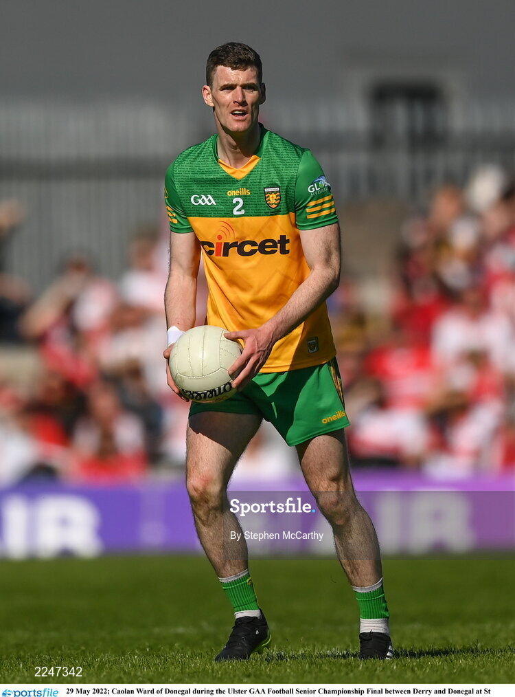 29 May 2022; Caolan Ward of Donegal during the Ulster GAA Football Senior Championship Final between Derry and Donegal at St Tiernach's Park in Clones, Monaghan. Photo by Stephen McCarthy/Sportsfile