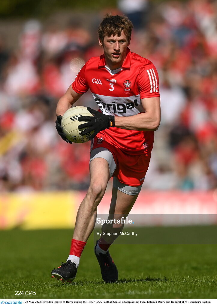29 May 2022; Brendan Rogers of Derry during the Ulster GAA Football Senior Championship Final between Derry and Donegal at St Tiernach's Park in Clones, Monaghan. Photo by Stephen McCarthy/Sportsfile