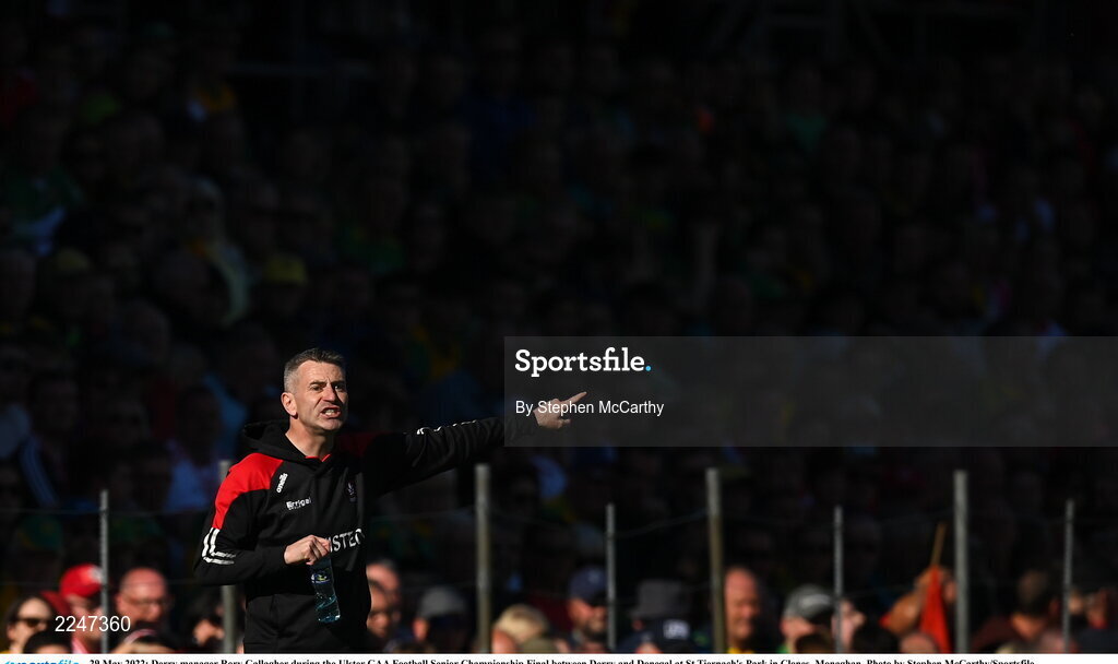 29 May 2022; Derry manager Rory Gallagher during the Ulster GAA Football Senior Championship Final between Derry and Donegal at St Tiernach's Park in Clones, Monaghan. Photo by Stephen McCarthy/Sportsfile