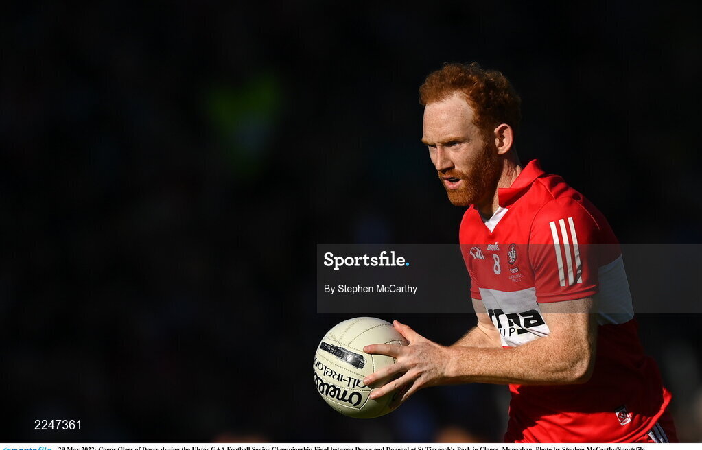 29 May 2022; Conor Glass of Derry during the Ulster GAA Football Senior Championship Final between Derry and Donegal at St Tiernach's Park in Clones, Monaghan. Photo by Stephen McCarthy/Sportsfile