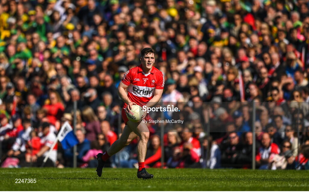 29 May 2022; Padraig McGrogan of Derry during the Ulster GAA Football Senior Championship Final between Derry and Donegal at St Tiernach's Park in Clones, Monaghan. Photo by Stephen McCarthy/Sportsfile