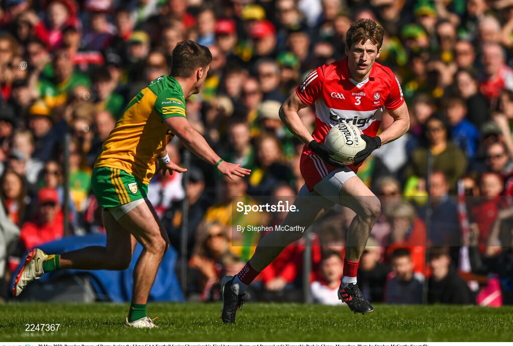 29 May 2022; Brendan Rogers of Derry during the Ulster GAA Football Senior Championship Final between Derry and Donegal at St Tiernach's Park in Clones, Monaghan. Photo by Stephen McCarthy/Sportsfile