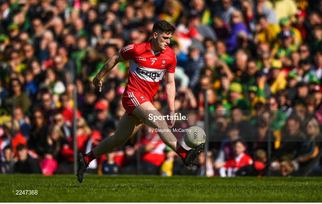 29 May 2022; Padraig McGrogan of Derry during the Ulster GAA Football Senior Championship Final between Derry and Donegal at St Tiernach's Park in Clones, Monaghan. Photo by Stephen McCarthy/Sportsfile