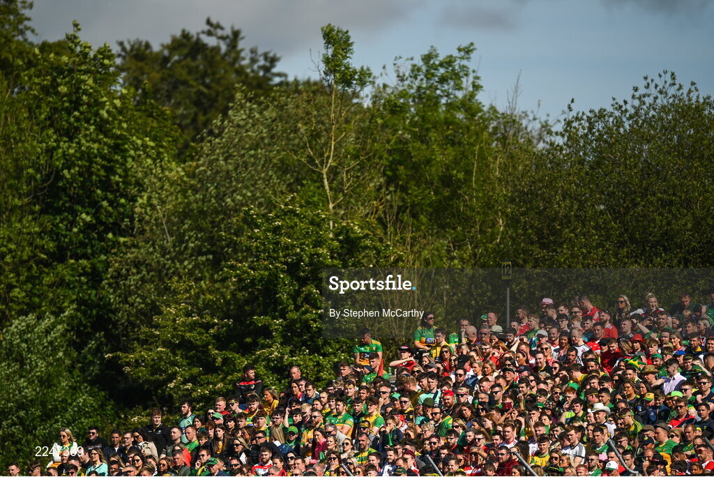 29 May 2022; Supporters watch on during the Ulster GAA Football Senior Championship Final between Derry and Donegal at St Tiernach's Park in Clones, Monaghan. Photo by Stephen McCarthy/Sportsfile