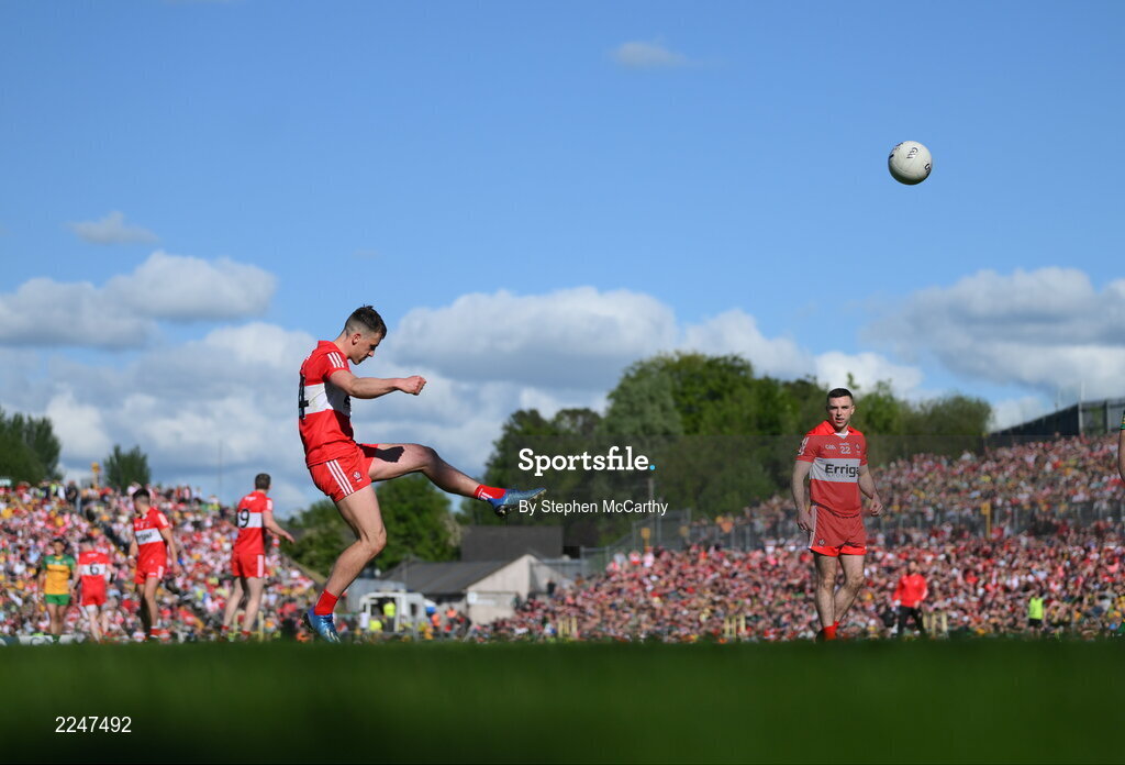 29 May 2022; Shane McGuigan of Derry kicks a free during the Ulster GAA Football Senior Championship Final between Derry and Donegal at St Tiernach's Park in Clones, Monaghan. Photo by Stephen McCarthy/Sportsfile
