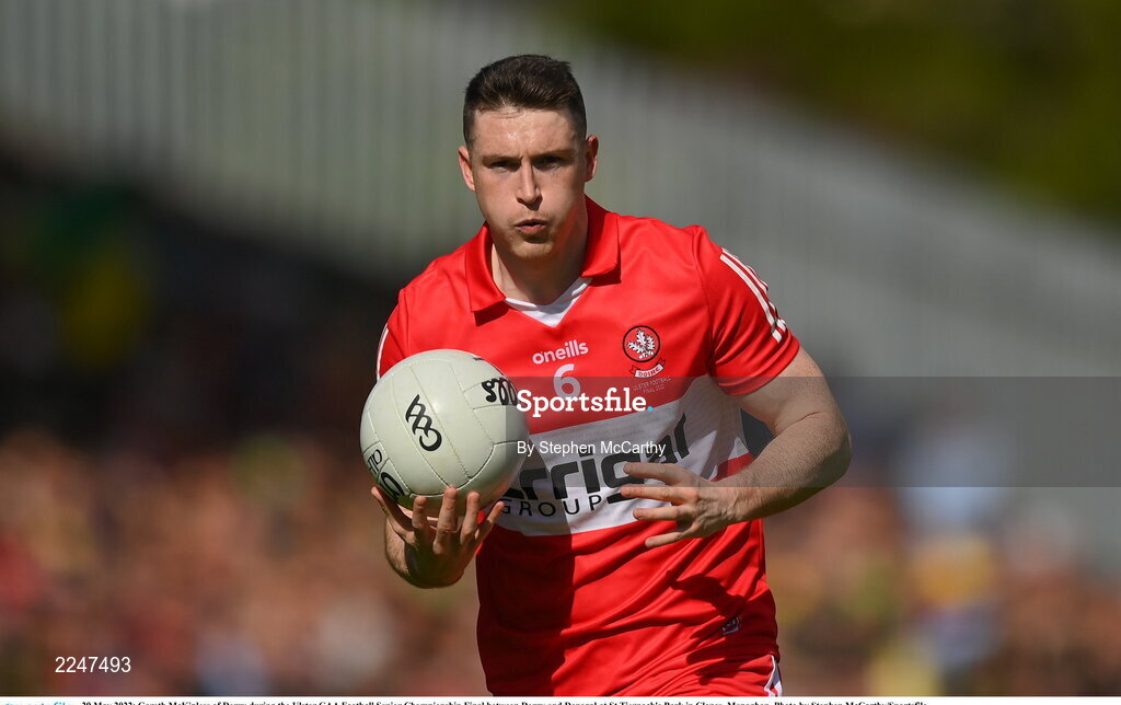 29 May 2022; Gareth McKinless of Derry during the Ulster GAA Football Senior Championship Final between Derry and Donegal at St Tiernach's Park in Clones, Monaghan. Photo by Stephen McCarthy/Sportsfile