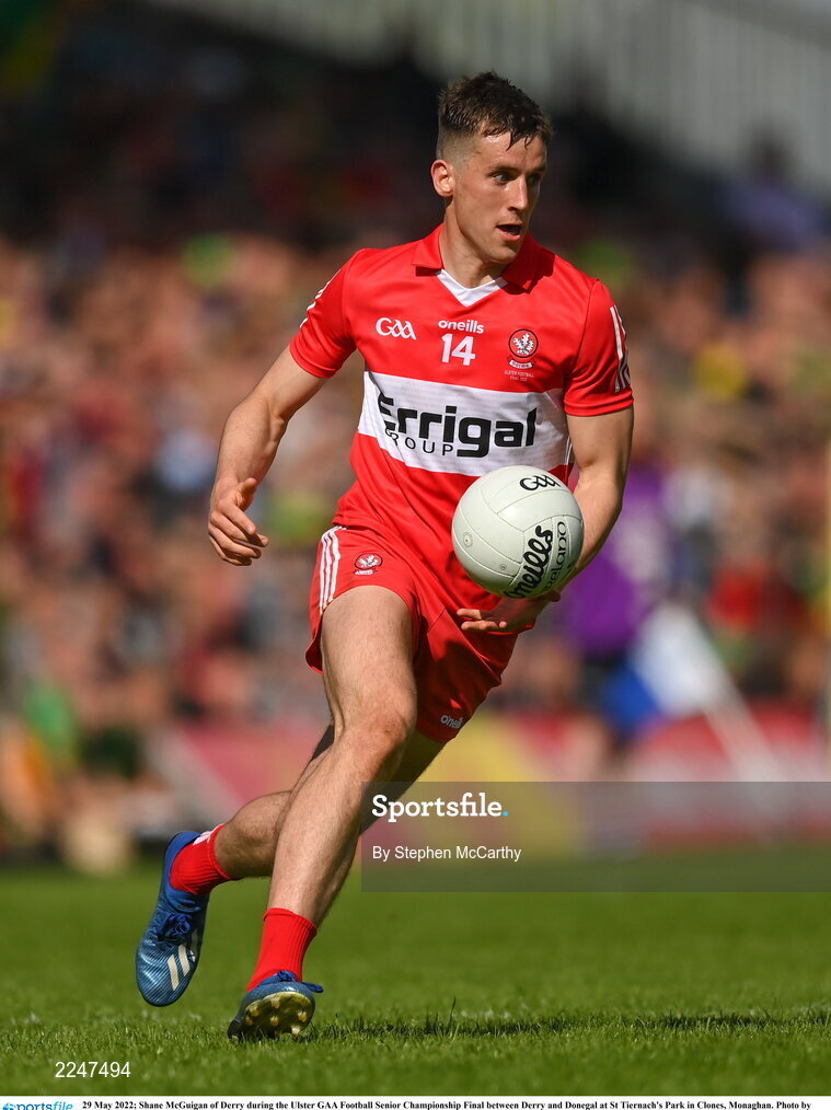29 May 2022; Shane McGuigan of Derry during the Ulster GAA Football Senior Championship Final between Derry and Donegal at St Tiernach's Park in Clones, Monaghan. Photo by Stephen McCarthy/Sportsfile