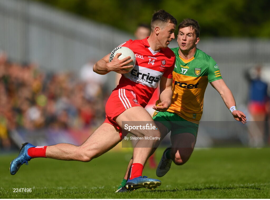 29 May 2022; Shane McGuigan of Derry in action against Peadar Mogan of Donegal during the Ulster GAA Football Senior Championship Final between Derry and Donegal at St Tiernach's Park in Clones, Monaghan. Photo by Stephen McCarthy/Sportsfile