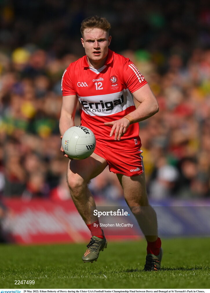 29 May 2022; Ethan Doherty of Derry during the Ulster GAA Football Senior Championship Final between Derry and Donegal at St Tiernach's Park in Clones, Monaghan. Photo by Stephen McCarthy/Sportsfile