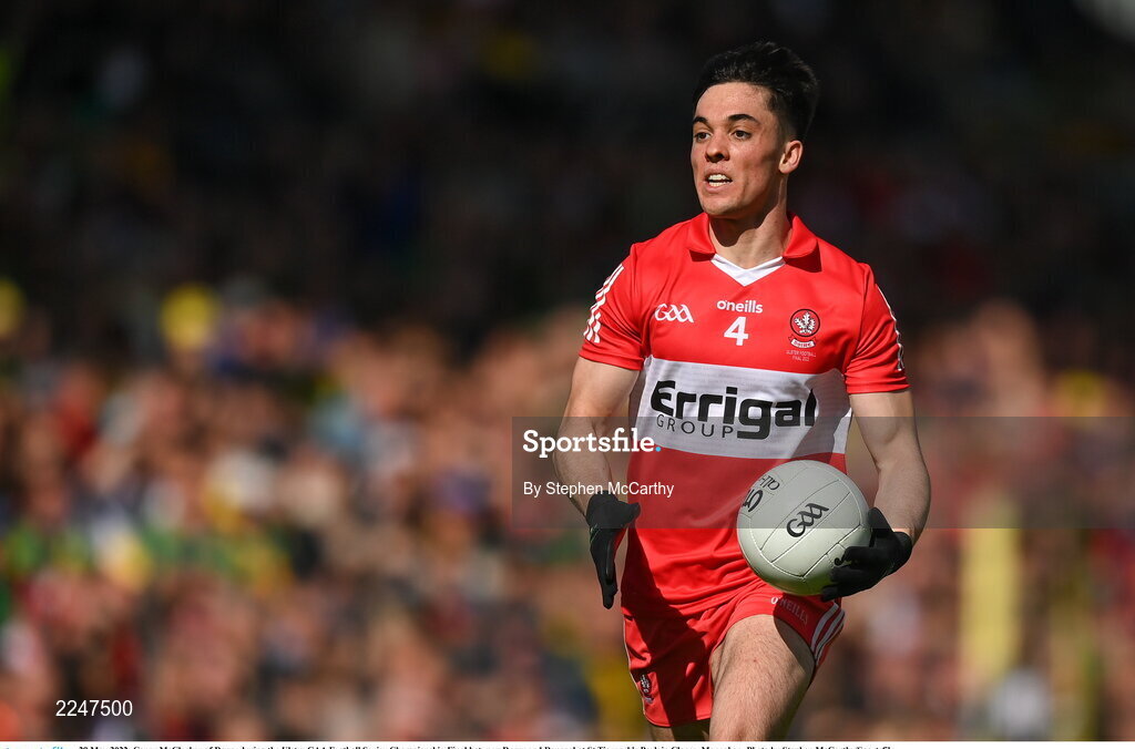 29 May 2022; Conor McCluskey of Derry during the Ulster GAA Football Senior Championship Final between Derry and Donegal at St Tiernach's Park in Clones, Monaghan. Photo by Stephen McCarthy/Sportsfile