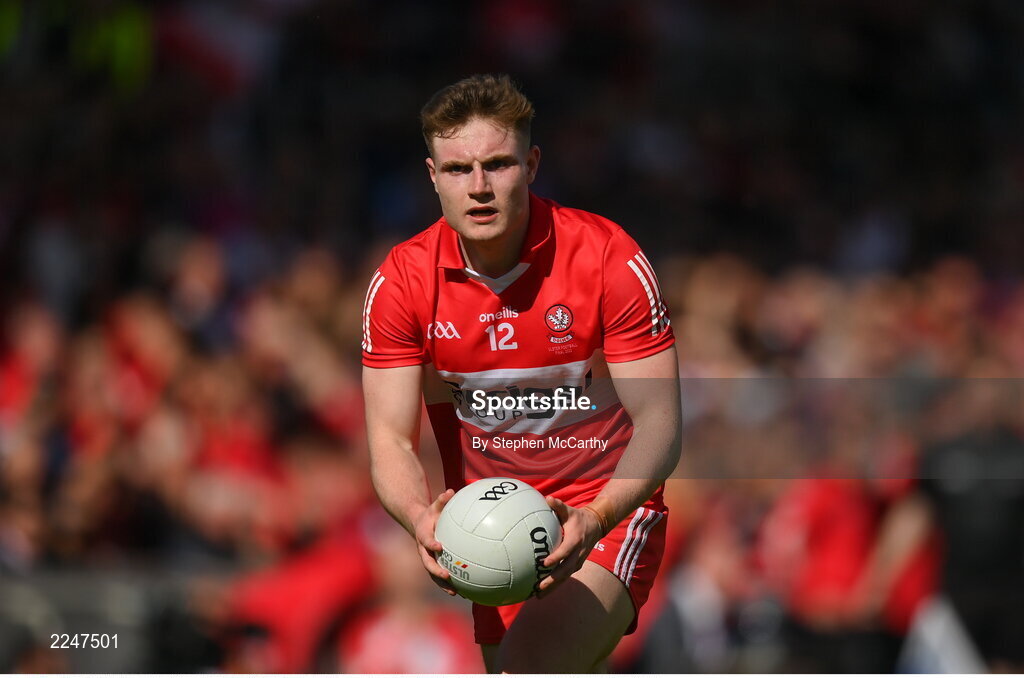 29 May 2022; Ethan Doherty of Derry during the Ulster GAA Football Senior Championship Final between Derry and Donegal at St Tiernach's Park in Clones, Monaghan. Photo by Stephen McCarthy/Sportsfile