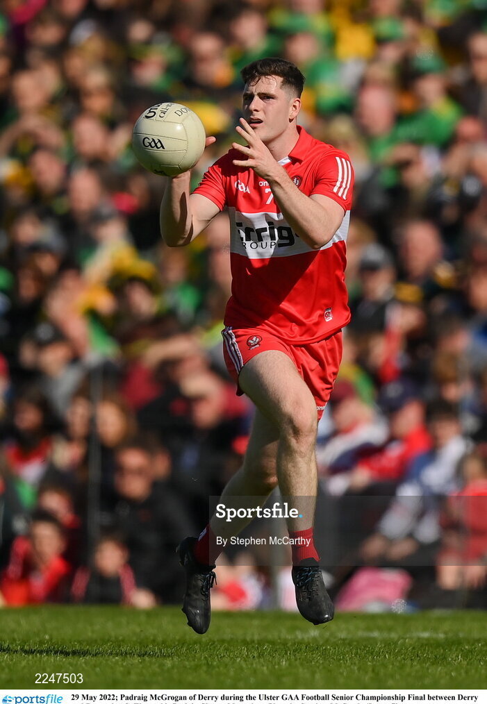 29 May 2022; Padraig McGrogan of Derry during the Ulster GAA Football Senior Championship Final between Derry and Donegal at St Tiernach's Park in Clones, Monaghan. Photo by Stephen McCarthy/Sportsfile