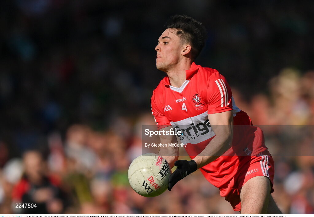 29 May 2022; Conor McCluskey of Derry during the Ulster GAA Football Senior Championship Final between Derry and Donegal at St Tiernach's Park in Clones, Monaghan. Photo by Stephen McCarthy/Sportsfile