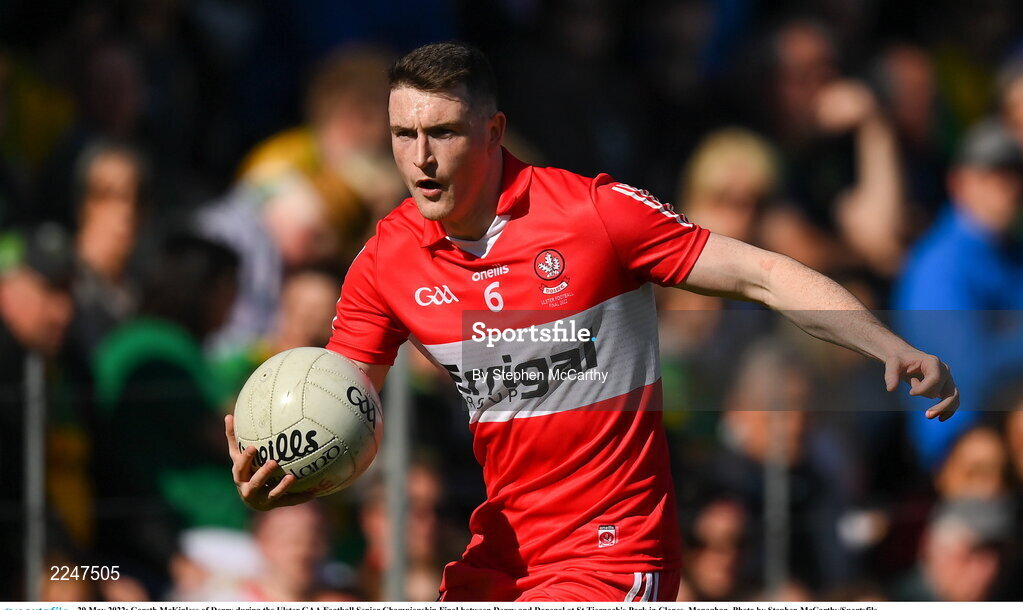 29 May 2022; Gareth McKinless of Derry during the Ulster GAA Football Senior Championship Final between Derry and Donegal at St Tiernach's Park in Clones, Monaghan. Photo by Stephen McCarthy/Sportsfile