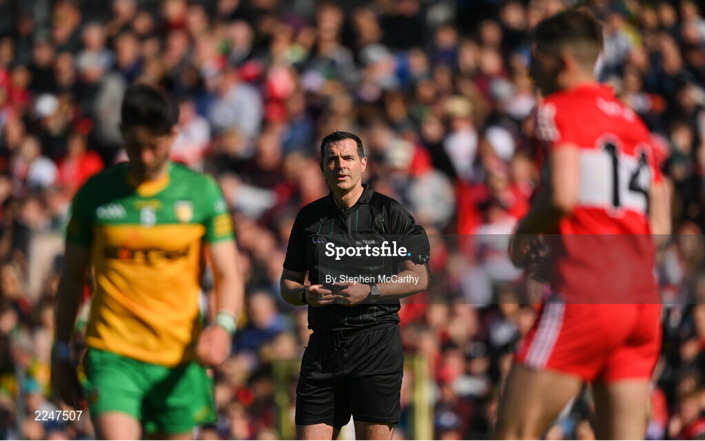 29 May 2022; Referee Sean Hurson during the Ulster GAA Football Senior Championship Final between Derry and Donegal at St Tiernach's Park in Clones, Monaghan. Photo by Stephen McCarthy/Sportsfile