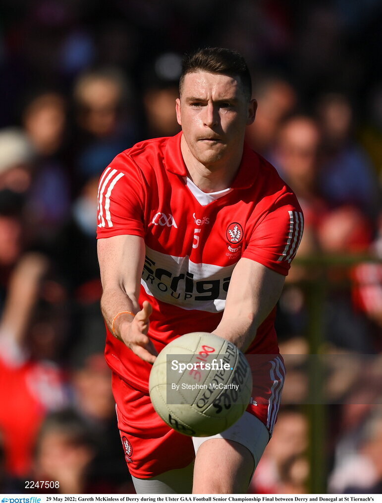 29 May 2022; Gareth McKinless of Derry during the Ulster GAA Football Senior Championship Final between Derry and Donegal at St Tiernach's Park in Clones, Monaghan. Photo by Stephen McCarthy/Sportsfile