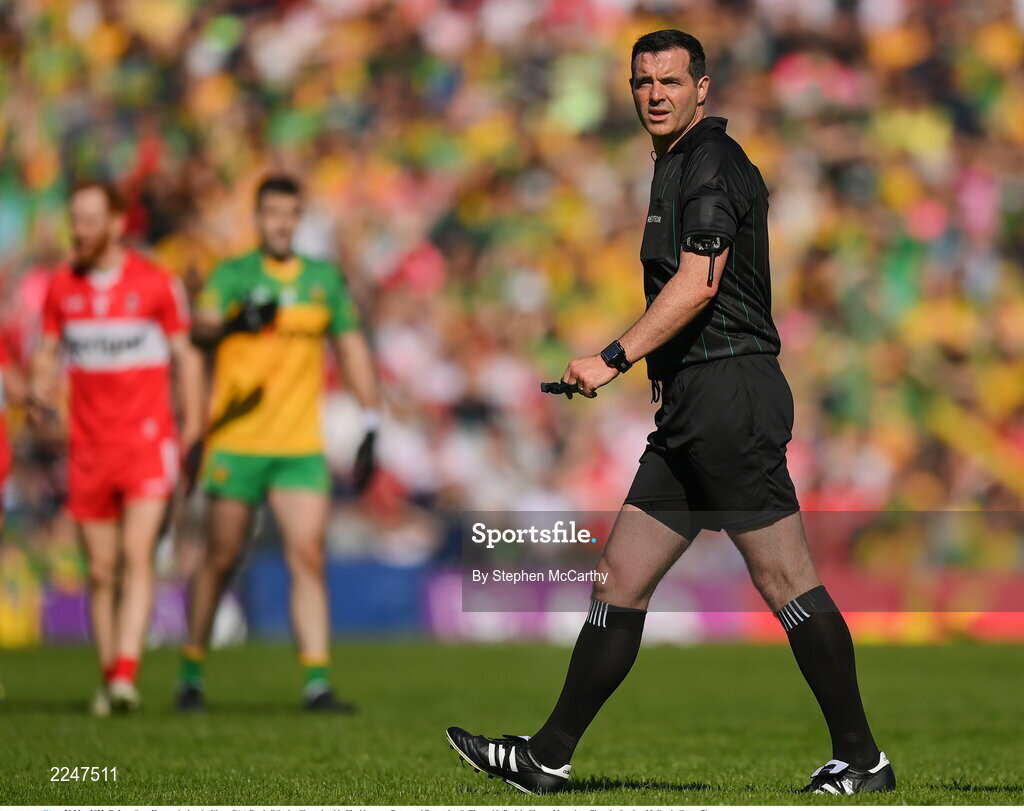 29 May 2022; Referee Sean Hurson during the Ulster GAA Football Senior Championship Final between Derry and Donegal at St Tiernach's Park in Clones, Monaghan. Photo by Stephen McCarthy/Sportsfile
