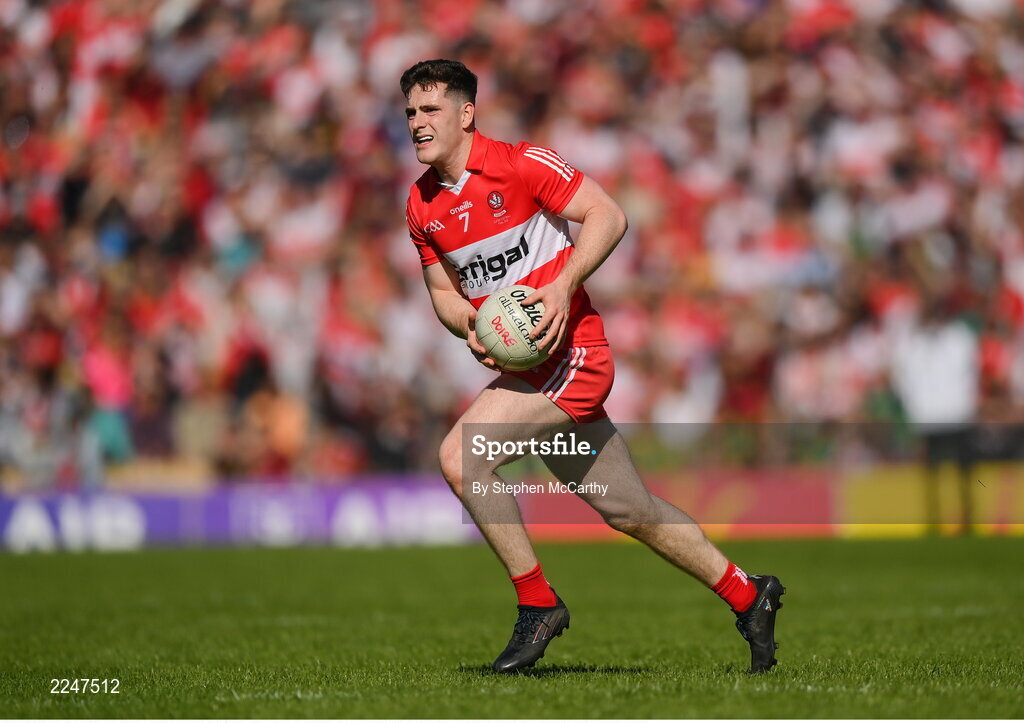 29 May 2022; Padraig McGrogan of Derry during the Ulster GAA Football Senior Championship Final between Derry and Donegal at St Tiernach's Park in Clones, Monaghan. Photo by Stephen McCarthy/Sportsfile