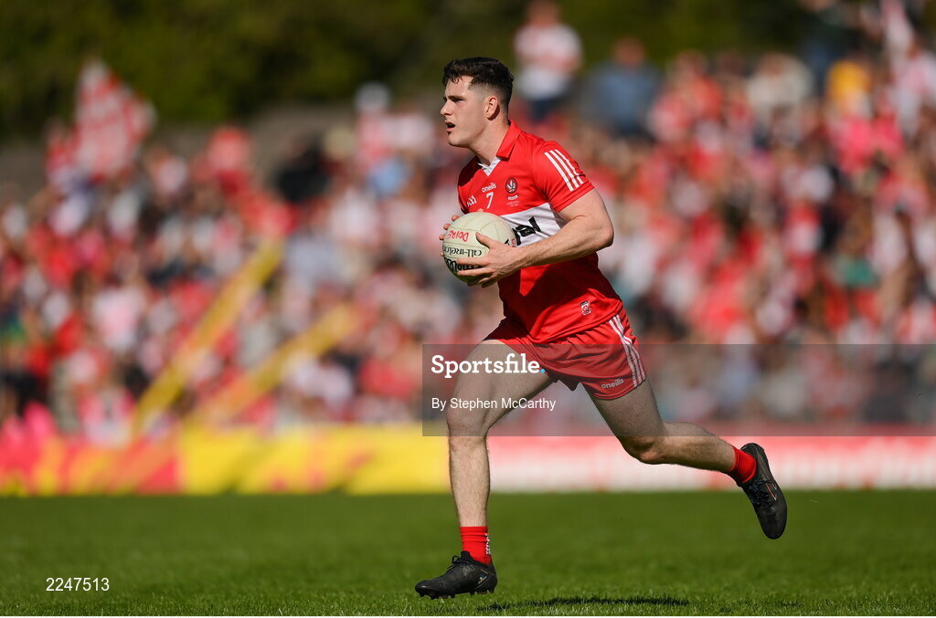 29 May 2022; Padraig McGrogan of Derry during the Ulster GAA Football Senior Championship Final between Derry and Donegal at St Tiernach's Park in Clones, Monaghan. Photo by Stephen McCarthy/Sportsfile