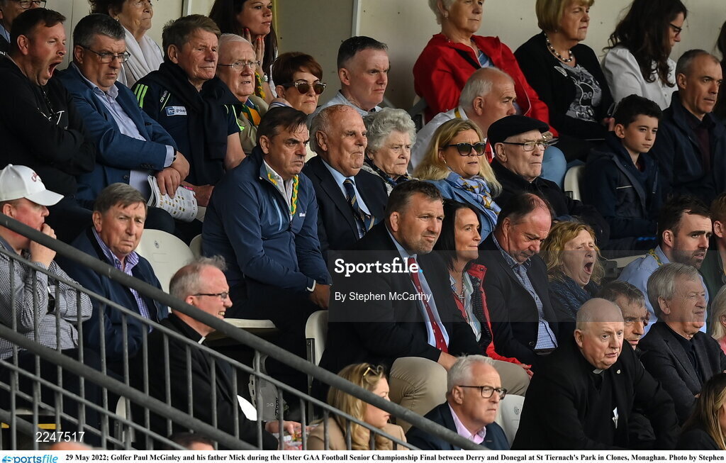 29 May 2022; Golfer Paul McGinley and his father Mick during the Ulster GAA Football Senior Championship Final between Derry and Donegal at St Tiernach's Park in Clones, Monaghan. Photo by Stephen McCarthy/Sportsfile