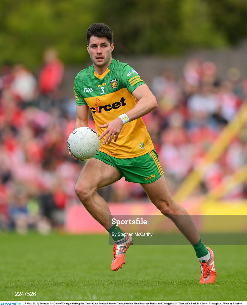 29 May 2022; Brendan McCole of Donegal during the Ulster GAA Football Senior Championship Final between Derry and Donegal at St Tiernach's Park in Clones, Monaghan. Photo by Stephen McCarthy/Sportsfile