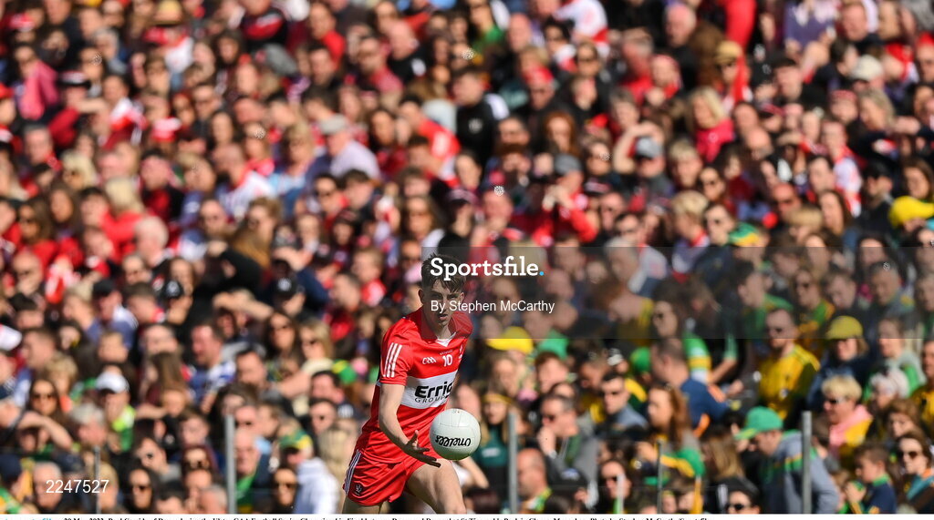 29 May 2022; Paul Cassidy of Derry during the Ulster GAA Football Senior Championship Final between Derry and Donegal at St Tiernach's Park in Clones, Monaghan. Photo by Stephen McCarthy/Sportsfile