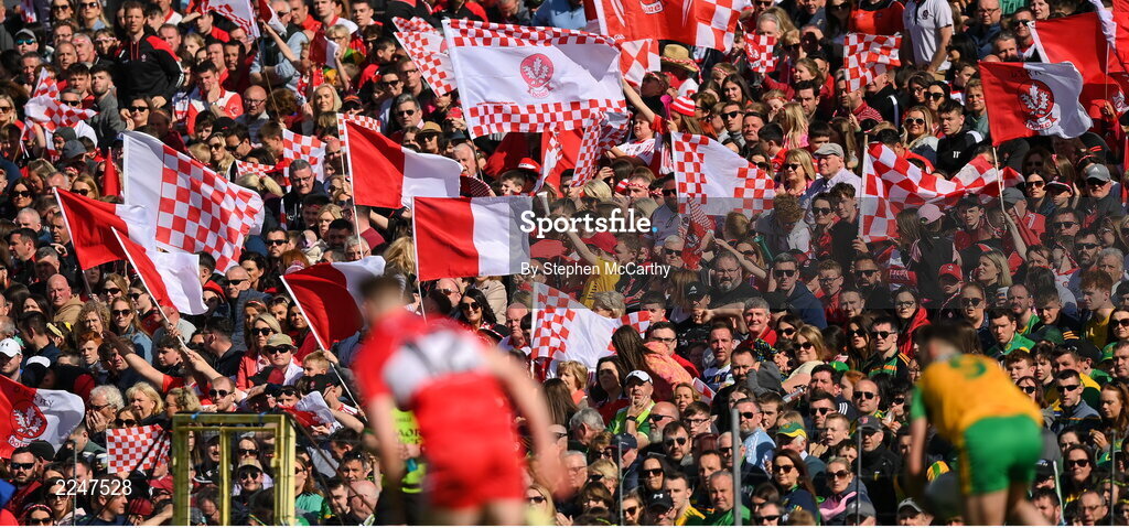 29 May 2022; Derry supporters during the Ulster GAA Football Senior Championship Final between Derry and Donegal at St Tiernach's Park in Clones, Monaghan. Photo by Stephen McCarthy/Sportsfile