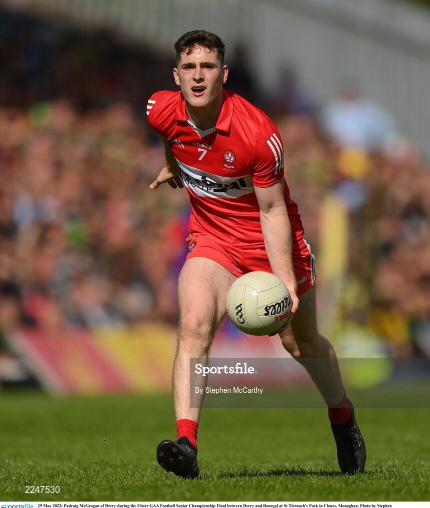 29 May 2022; Padraig McGrogan of Derry during the Ulster GAA Football Senior Championship Final between Derry and Donegal at St Tiernach's Park in Clones, Monaghan. Photo by Stephen McCarthy/Sportsfile