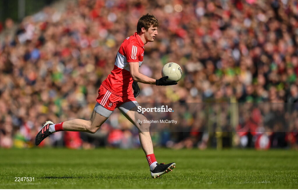 29 May 2022; Brendan Rogers of Derry during the Ulster GAA Football Senior Championship Final between Derry and Donegal at St Tiernach's Park in Clones, Monaghan. Photo by Stephen McCarthy/Sportsfile