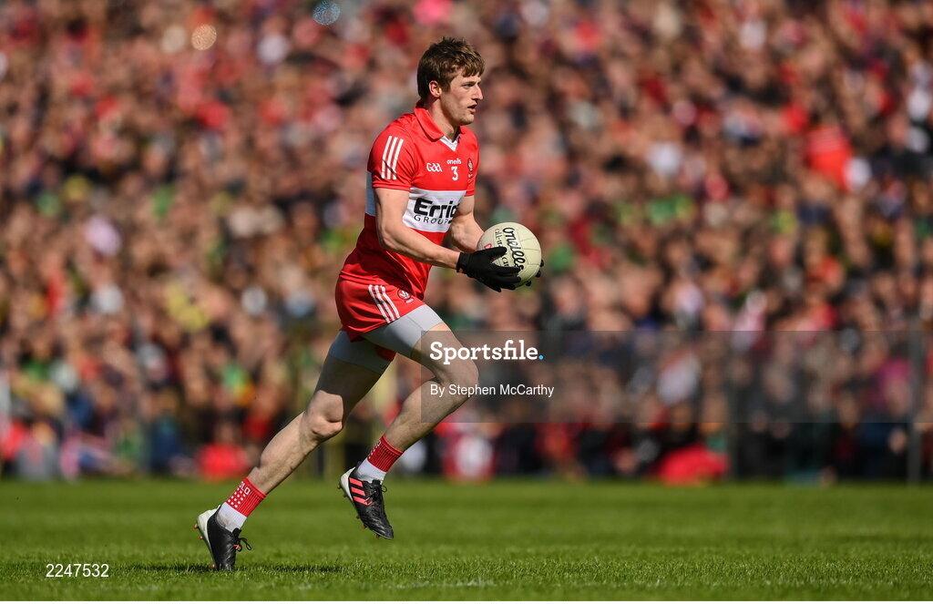 29 May 2022; Brendan Rogers of Derry during the Ulster GAA Football Senior Championship Final between Derry and Donegal at St Tiernach's Park in Clones, Monaghan. Photo by Stephen McCarthy/Sportsfile