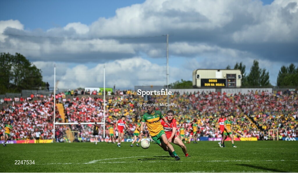 29 May 2022; Ryan McHugh of Donegal in action against Ethan Doherty of Derry during the Ulster GAA Football Senior Championship Final between Derry and Donegal at St Tiernach's Park in Clones, Monaghan. Photo by Stephen McCarthy/Sportsfile