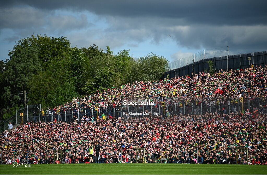 29 May 2022; Supporters watch on during the Ulster GAA Football Senior Championship Final between Derry and Donegal at St Tiernach's Park in Clones, Monaghan. Photo by Stephen McCarthy/Sportsfile