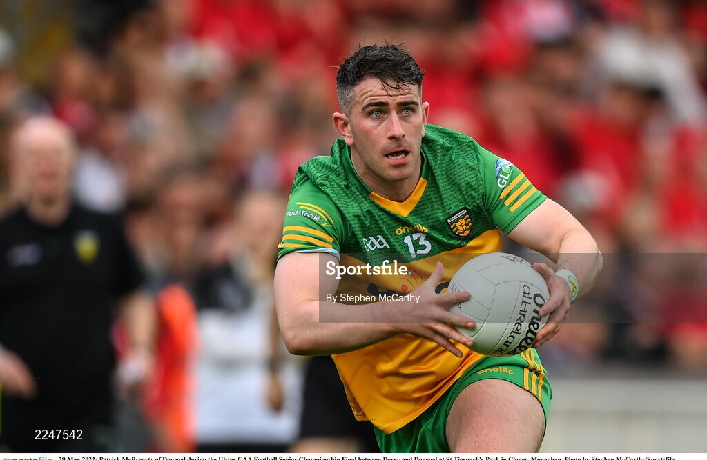 29 May 2022; Patrick McBrearty of Donegal during the Ulster GAA Football Senior Championship Final between Derry and Donegal at St Tiernach's Park in Clones, Monaghan. Photo by Stephen McCarthy/Sportsfile