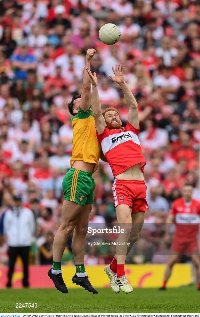 29 May 2022; Conor Glass of Derry in action against Jason McGee of Donegal during the Ulster GAA Football Senior Championship Final between Derry and Donegal at St Tiernach's Park in Clones, Monaghan. Photo by Stephen McCarthy/Sportsfile