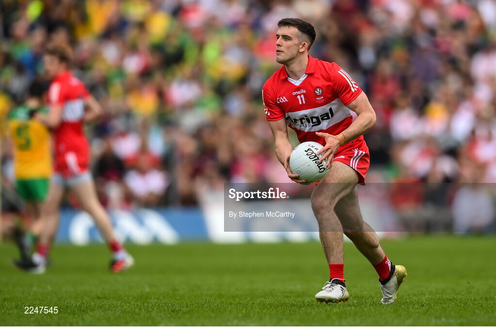 29 May 2022; Shea Downey of Derry during the Ulster GAA Football Senior Championship Final between Derry and Donegal at St Tiernach's Park in Clones, Monaghan. Photo by Stephen McCarthy/Sportsfile