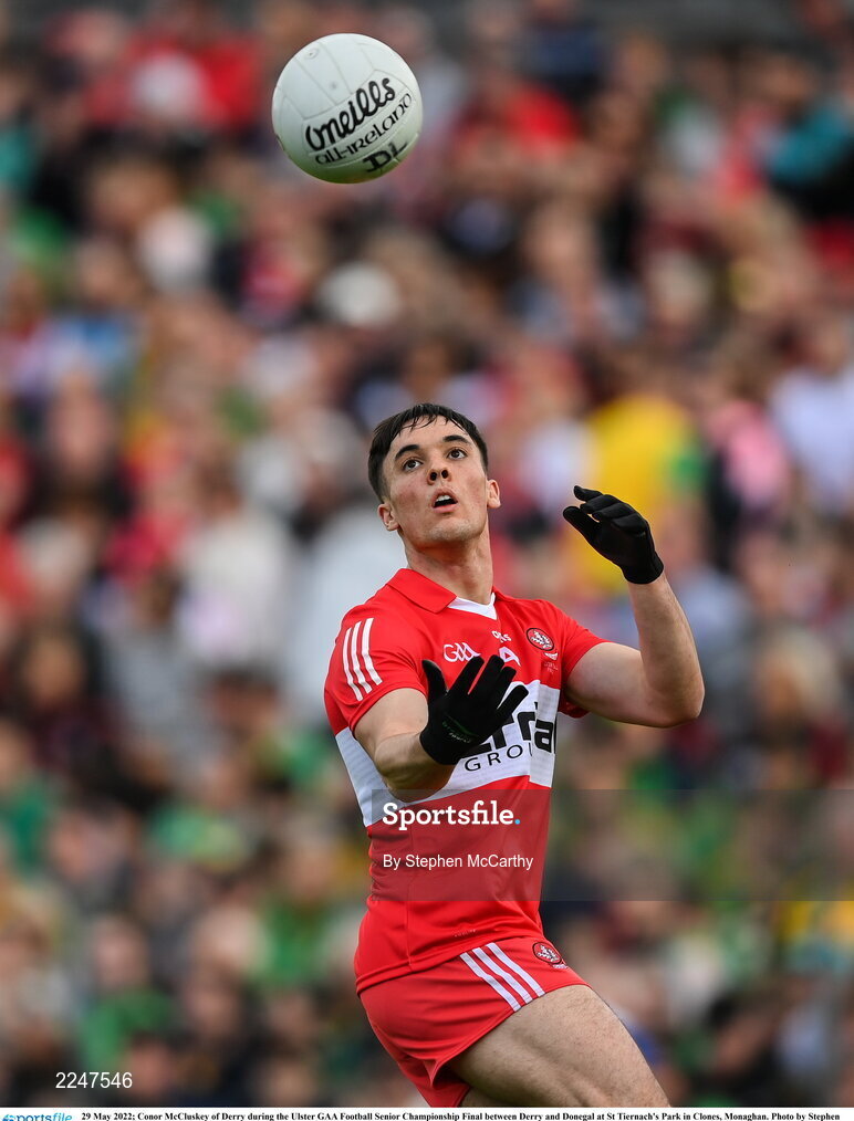 29 May 2022; Conor McCluskey of Derry during the Ulster GAA Football Senior Championship Final between Derry and Donegal at St Tiernach's Park in Clones, Monaghan. Photo by Stephen McCarthy/Sportsfile