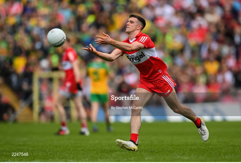 29 May 2022; Shea Downey of Derry during the Ulster GAA Football Senior Championship Final between Derry and Donegal at St Tiernach's Park in Clones, Monaghan. Photo by Stephen McCarthy/Sportsfile