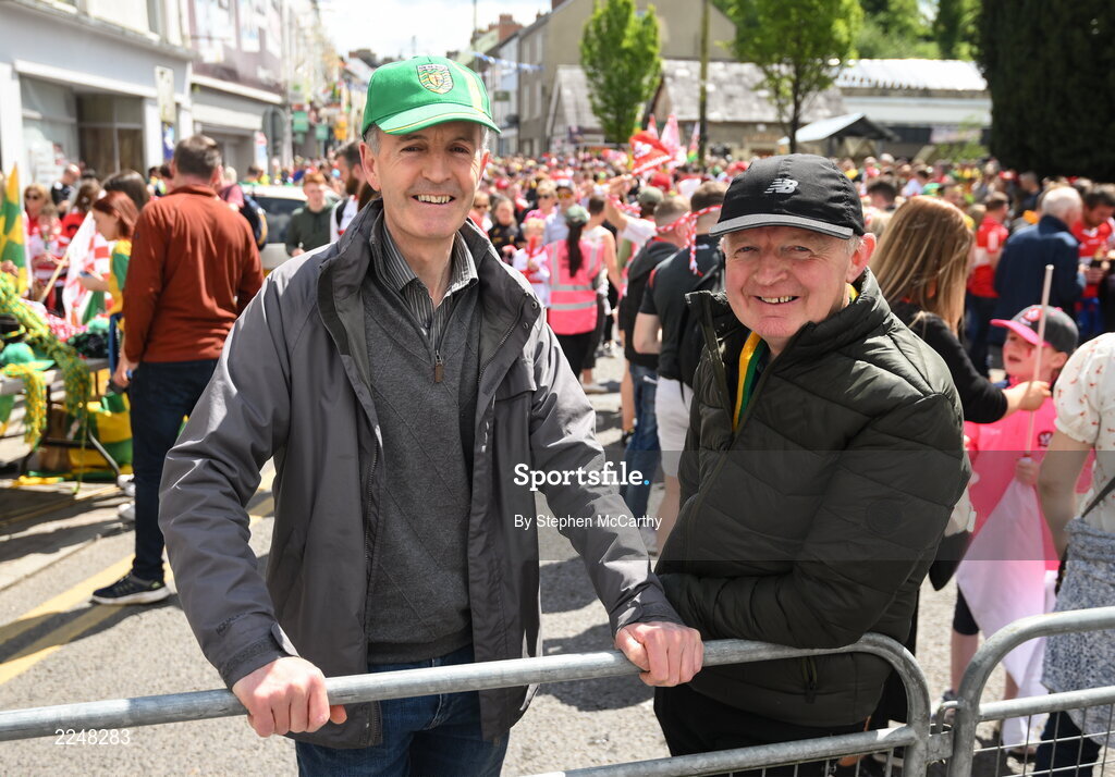 29 May 2022; Packie Doohan and Fred Sharkey, from Falcarragh, Donegal, before the Ulster GAA Football Senior Championship Final between Derry and Donegal at St Tiernach's Park in Clones, Monaghan. Photo by Stephen McCarthy/Sportsfile