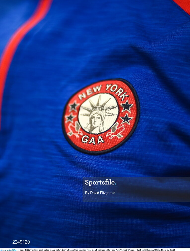 4 June 2022; The New York badge is seen before the Tailteann Cup Quarter-Final match between Offaly and New York at O'Connor Park in Tullamore, Offaly. Photo by David Fitzgerald/Sportsfile