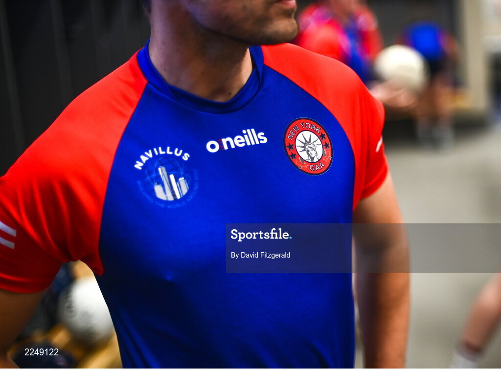 4 June 2022; The New York badge is seen before the Tailteann Cup Quarter-Final match between Offaly and New York at O'Connor Park in Tullamore, Offaly. Photo by David Fitzgerald/Sportsfile