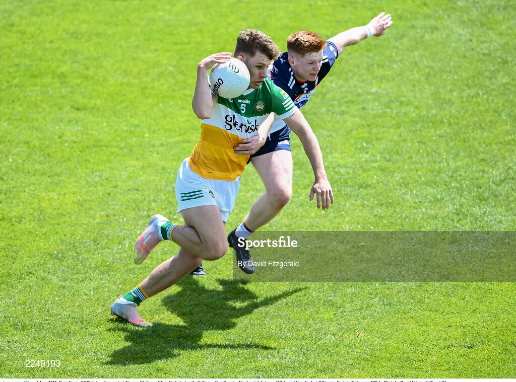 4 June 2022; Rory Egan of Offaly in action against Tiernan Mathers of New York during the Tailteann Cup Quarter-Final match between Offaly and New York at O'Connor Park in Tullamore, Offaly. Photo by David Fitzgerald/Sportsfile