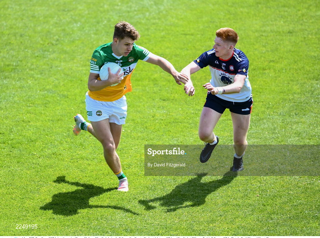 4 June 2022; Rory Egan of Offaly in action against Tiernan Mathers of New York during the Tailteann Cup Quarter-Final match between Offaly and New York at O'Connor Park in Tullamore, Offaly. Photo by David Fitzgerald/Sportsfile