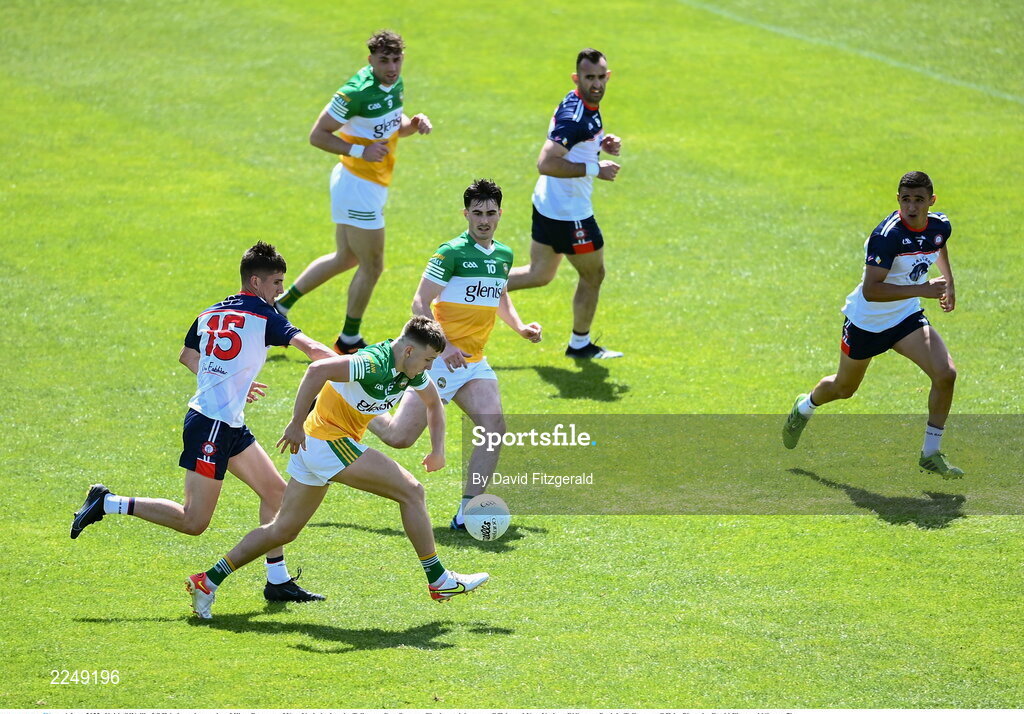 4 June 2022; Keith O'Neill of Offaly in action against Mikey Brosnan of New York during the Tailteann Cup Quarter-Final match between Offaly and New York at O'Connor Park in Tullamore, Offaly. Photo by David Fitzgerald/Sportsfile