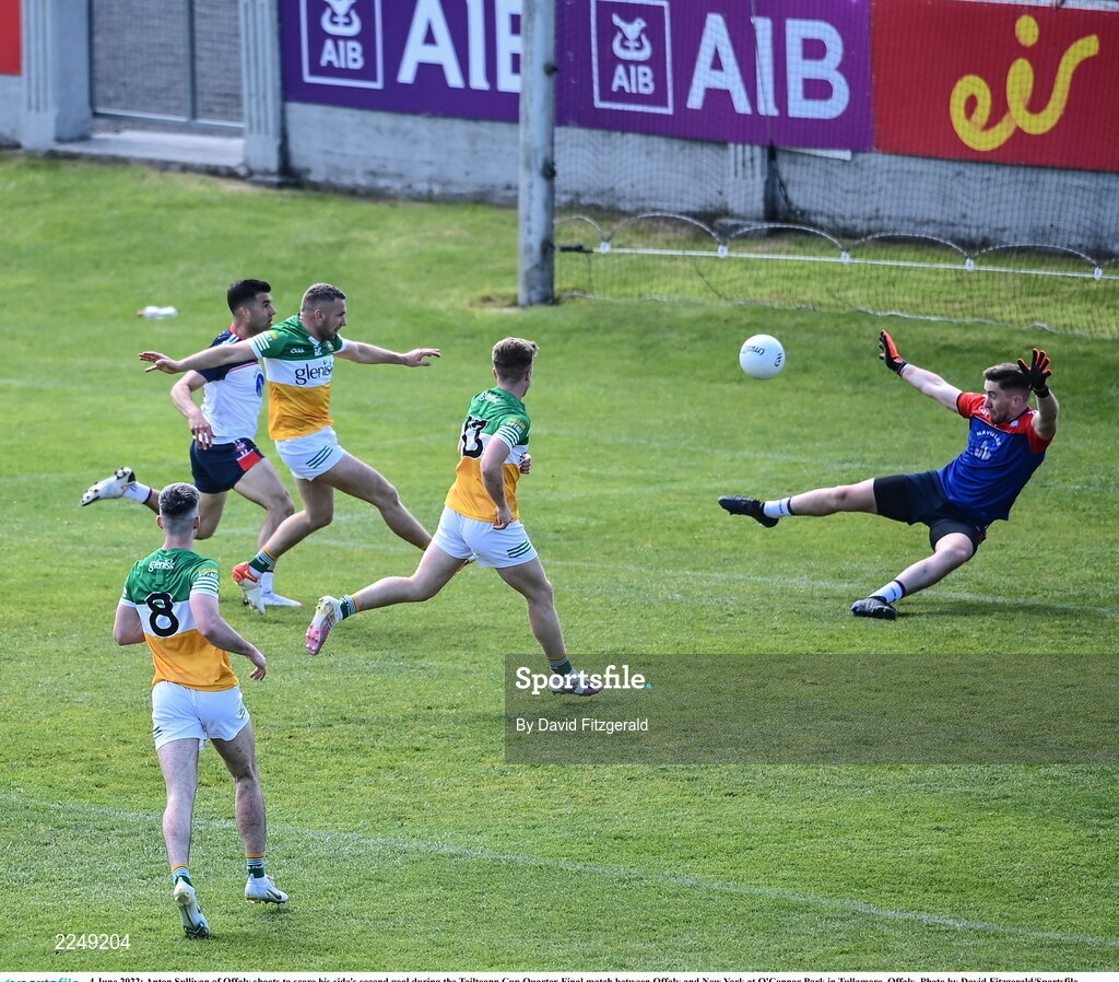 4 June 2022; Anton Sullivan of Offaly shoots to score his side's second goal during the Tailteann Cup Quarter-Final match between Offaly and New York at O'Connor Park in Tullamore, Offaly. Photo by David Fitzgerald/Sportsfile