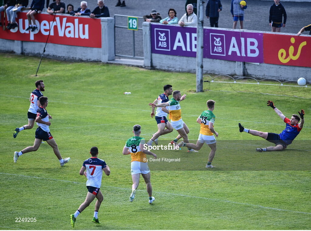 4 June 2022; Anton Sullivan of Offaly shoots to score his side's second goal during the Tailteann Cup Quarter-Final match between Offaly and New York at O'Connor Park in Tullamore, Offaly. Photo by David Fitzgerald/Sportsfile